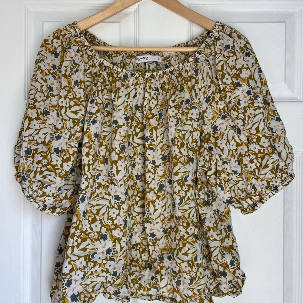 Sonoma Brown and Tan Smocked Blouse with Ruffled Sleeves